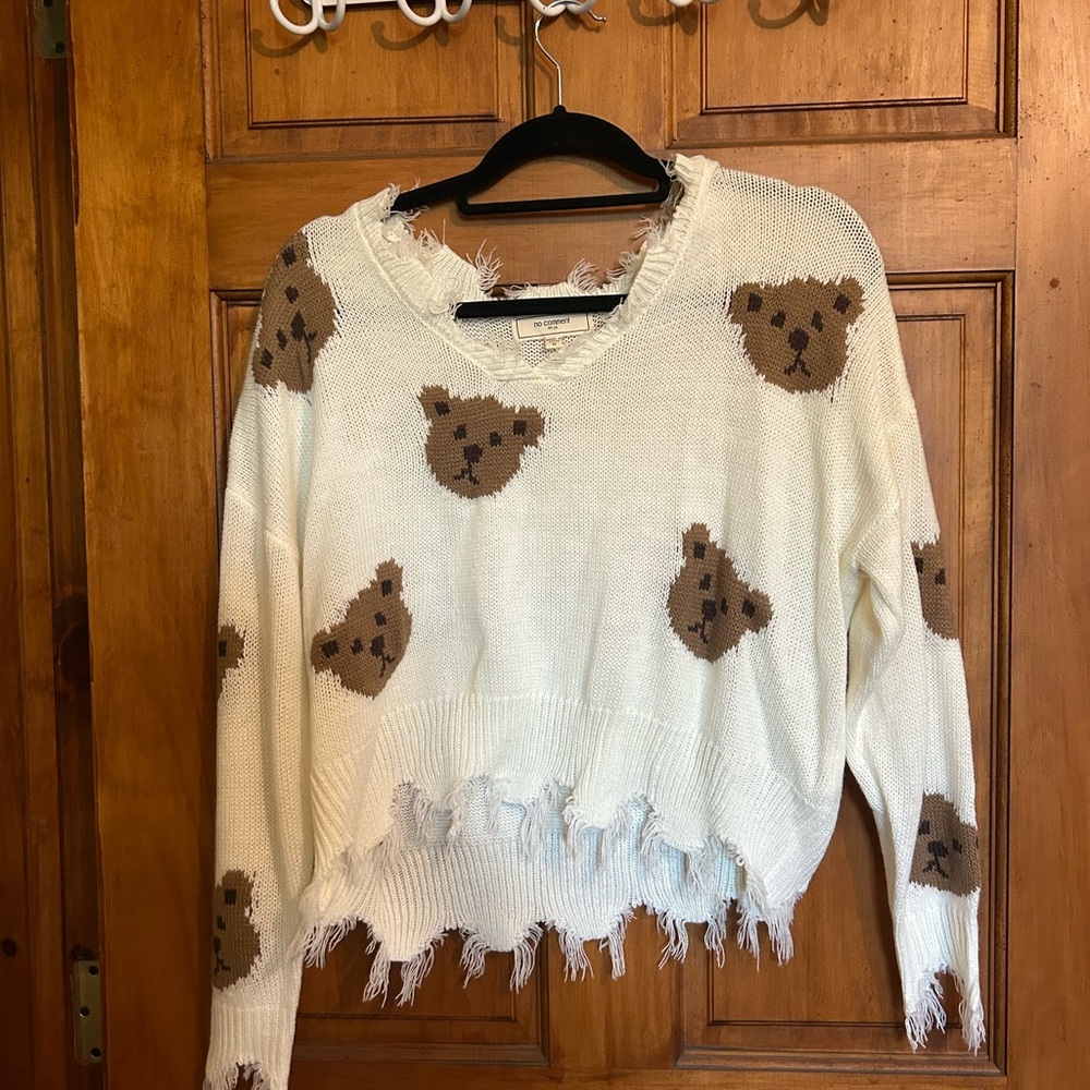 Cream and Brown Crew Neck Sweater with Bear Pattern